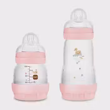 MAM Baby Kit 2 Mamadeiras Easy Start Starter Set Anticólica e Menos Bolhas de Ar, para Crianças 0+ Meses Autoesterilizável e com Bico de Silicone Skinsoft, Rosa