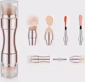 Kit Retrátil 4 em 1 Pincéis de Maquiagem Profissionais Portáteis – Base, Blush, Sombra e Lábios – Design Rose Gold Luxo para Viagem e Uso Diário