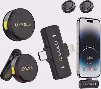 Microfone de Lapela Sem Fio Duplo Magnético Botão, Receptor 2-em-1 USB-C e Lightning, Cancelamento de Ruído IA, p/Celular Android e iPhone vlogging instagram tiktok