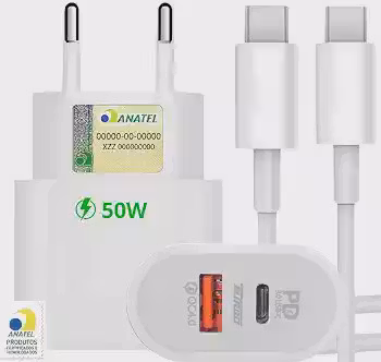 Carregador Turbo 50W + Cabo Tipo C, 2 Entradas USB e USBC, Carrega 2 Dispositivos, Turbo - Fonte e Cabo 50W, i.Phone 15, 16, 17, Galaxy, S.amsung, X.iaiomi, Android, Tecnologia Power Delivery