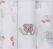 Fralda Pano de Bebê Papizinha Bordada e Estampada 63 cm x 63 cm Pacote com 3 Unidades, Urso
