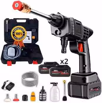 Lavadora Portátil Sem Fio 2 Baterias Bivolt Recarregável, Lava Jato Moderado Sistema Sucção Inteligente Maleta 5m Mangueira Kit Completo Limpeza Carro Moto Casa Jardim Calçada