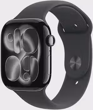 Apple Watch Series 11 GPS, Caixa em alumínio preto brilhante de 46 mm com Bracelete desportiva preta - M/G