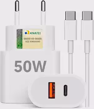 Carregador Rápido 50W + Cabo Tipo C, 2 Entradas USB e USB-C - Fonte de Carregamento Turbo Power Delivery – Dupla Saída para Celulares, Tablets e Dispositivos USB