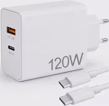 Carregador Super Turbo 120W Dual Port - USB-C: Tipo-C e USB-A - Compatível com iPhones, Motorola, Xiaomi, Samsung e mais. Cabo USB-C. Ultra rápido Premium