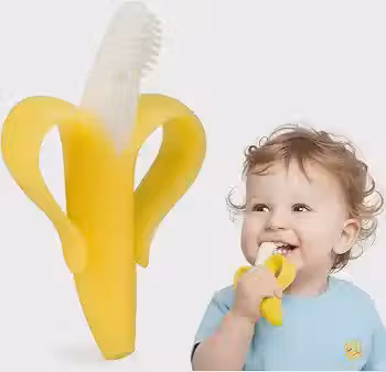 Bananinha Mordedor e Escova de Dentes 2 em 1 para Bebês de Silicone Macio Alívio da Dentição e Higiene Bucal Livre de BPA