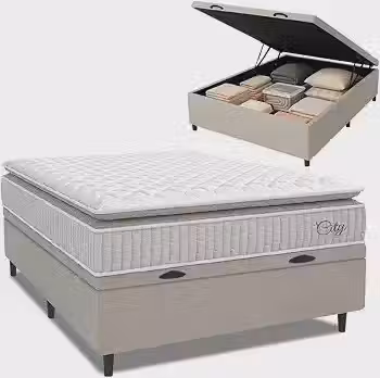 Cama Box Baú Colchão Casal Molas Ensacadas City Pillow Top 138x188x64cm Branco/Bege Hellen - Suporta até 110kg por Pessoa