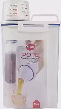 Jheppbay Pote Hermético para Armazenamento com Bico e Copo Medidor 2L - Transparente com Detalhes em Branco e Azul Escuro - 29cm Altura/15cm Largura/10cm Profundidade