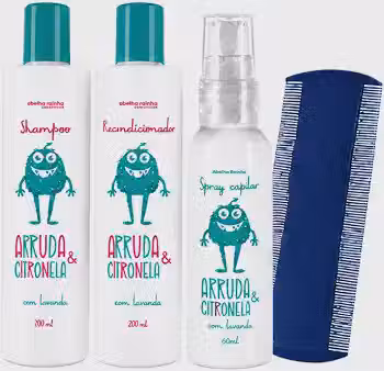 Kit Mata Piolho e Lêndeas,Arruda e Citronela Shampoo, Condicionador, Spray Abelha Rainha e Pente fino