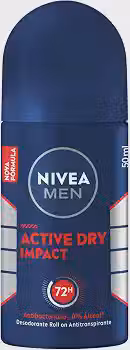 NIVEA MEN Desodorante Antitranspirante Roll On Masculino Dry Impact - Proteção Prolongada de 72h, Dupla Proteção Antitranspirante, Proteção Extra Seca, sem Alumínio, Corantes e Conservantes - 50ml