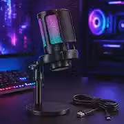 Microfone Gamer RGB USB para PC e Notebook – Condensador com Controle de Ganho, Botão Mute Touch e Iluminação LED RGB para Streaming, Podcast e Jogos