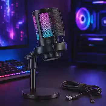 Microfone Gamer RGB USB para PC e Notebook – Condensador com Controle de Ganho, Botão Mute Touch e Iluminação LED RGB para Streaming, Podcast e Jogos