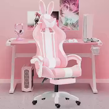 Cadeira gamer fofa com orelhas de coelho, com apoio de pés e apoio de cabeça (Rosa)