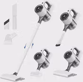 Aspirador de Pó Vertical Sem Fio, 100W, Branco e Cinza, 40000 RPM, LED, 50min Autonomia, 10000Pa Sucção, 3 Velocidades, 0.75L