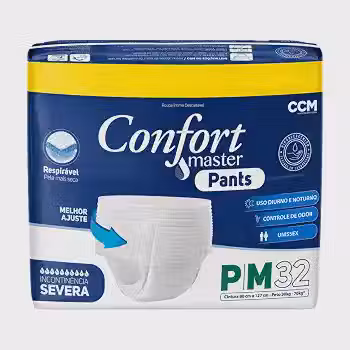 Fralda Geriátrica Pants P/M Confort Master Pacote Jumbo com 32 Unidades, Roupa Íntima Descartável Adulto Unissex para Incontinência Severa, Uso Diurno e Noturno, Ajuste Confortável, Controle de Odor e Toque Respirável