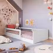 Cama Infantil de Chão Montessoriana de Solteiro para Menino e Menina com Grade de Proteção Lateral