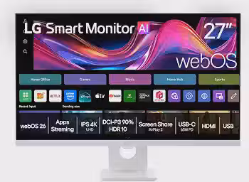Monitor LG Smart -Tela IPS de 27' 4K UHD, HDR10, WebOS 26, Wifi, Air Play, Screen Share, Bluetooth, USB-C, 2X USB, 2X HDMI, Branco – 27U731SB