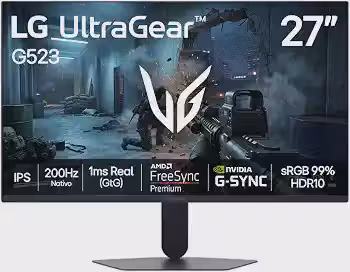 LG UltraGear Monitor Gamer 27' IPS 200Hz, 1ms (GtG), Full HD (1920x1080), HDR10, NVIDIA G-SYNC AMD, FreeSync Premium, sRGB 99%, Preto - 27G523B