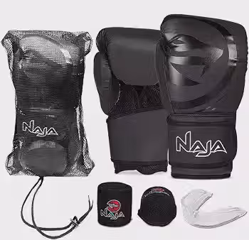 Luva de Boxe e Muay Thai Naja Black Line - 1 Par de luva + 1 Par de Bandagem Elástica + 1 Protetor Bucal