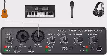 Q-24 Interface de audio,placa de som profissional de canal USB 2.0 DC 5V de alta velocidade, função de monitor para estúdio/gravação musical/jogos/Equipamentos para Gravação Musical