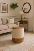 Puff Plus Banquinho Redondo Decorativo em Linho Base e Tampo Courino Bege/Caramelo - PC MÓVEIS