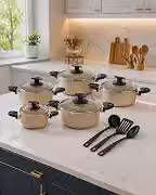 Jogo de Panelas Antiaderente 8 Peças em Alumínio, 5 Caçarolas com Tampas de Vidro 14, 16, 18, 20 e 22cm + 3 Utensílios, Conjunto de Panelas para Cozinha Bege