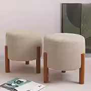 Kit 2 Puff Banquinho Redondo Decorativo Thor em Linho Pés Madeira Maciça Cor Bege