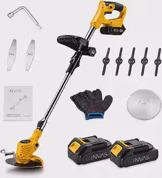 Roçadeira Elétrica Sem Fio 18V com 2 Baterias de Lítio, Aparador de Grama Portátil Recarregável, Motor 755 de Alta Velocidade 11500RPM, com Lâminas e Disco de Serra, Haste Ajustável e Dobrável