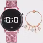 Relógio Feminino Digital Led Rosa Silicone Aço + Pulseira Social Casual Presente Moda Qualidade Premium