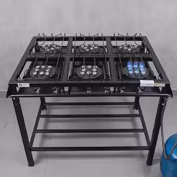 Fogão Industrial 6 Bocas Alta Pressão com Paneleiro, Coletor de Gordura e Kit Instalação P13, Aço Carbono Preto, 32x32
