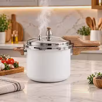 Panela de Pressão Premium com Tampa Metálica, Cabos com Efeito Madeira e Fechamento Seguro, Design Moderno e Elegante para Cozinha, Ideal para Feijão, Carnes, Sopas e Receitas