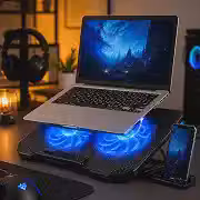 Suporte para Notebook com Cooler Duplo Silencioso, Base Refrigerada Ergonômica LED Azul, 8 Níveis de Altura Ajustável, 2 Ventoinhas 14cm, Porta USB Extra e Suporte de Celular, até 17 Polegadas