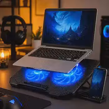 Suporte para Notebook com Cooler Duplo Silencioso, Base Refrigerada Ergonômica LED Azul, 8 Níveis de Altura Ajustável, 2 Ventoinhas 14cm, Porta USB Extra e Suporte de Celular, até 17 Polegadas
