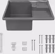 Tanque Lavar Roupa Lavanderia Kit Completo 30L Plástico de Parede Com Esfregadeira Lateral EJV SHOOP Cinza