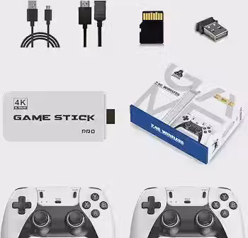 Game Stick Retrô 4K HDMI Plug and Play com 20.000+ Jogos, 9 Emuladores, 2 Controles Sem Fio 2.4GHz, Console Portátil para TV com Cartão TF 64GB, Branco