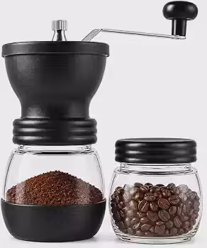 Moedor de Café Manual com Mó de Cerâmica, Regulagem de Moagem, Pote de Vidro e Recipiente para Grãos, Portátil e Fácil de Usar