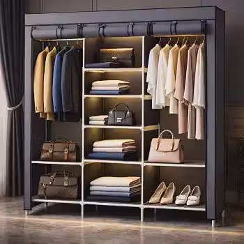 Guarda-Roupa Portátil com Capa de Tecido, Cabideiro, Prateleiras e Bolsos Laterais – Organizador de Roupas Grande e Espaçoso