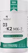 Vitamina D3 + K2 120 Cápsulas 4 Meses de Uso Longa Duração, 2000UI D3 149mcg Vitamina K2 MK-7, Fortalvit