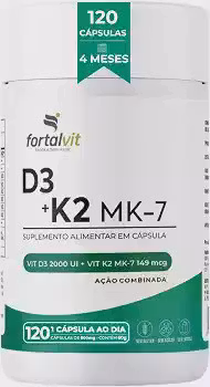 Vitamina D3 + K2 120 Cápsulas 4 Meses de Uso Longa Duração, 2000UI D3 149mcg Vitamina K2 MK-7, Fortalvit