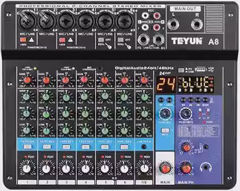 TEYUN Mixer de Áudio Profissional A8, 8 Canais, Bluetooth, USB, Phantom Power 48V, Placa de Som Digital, Ideal para Gravação Transmissão ao Vivo Podcast e Produção Musical em Casa 7/6/5/4/3 corredor