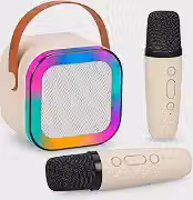 Caixa de Som Karaokê Com Dois Microfones Sem Fio RGB Portátil USB Com Conexão Bluetooth Efeitos de Voz Divertidos | Iluminação LED Multicolor Som Potente | Diversão Crianças Adultos Sem Fio Auto Tune