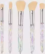 Kit 5 Pincéis de Maquiagem com Base de Cristal e Cerdas Macias para Base, Pó, Contorno, Corretivo e Esfumar Acabamento Impecável Conjunto Completo