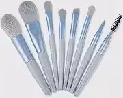 Kit 8 Pincéis de Maquiagem, Cerdas de Fibra Sintética Macias e Suaves para a Pele, Ideal para Base, Pó Solto, Blush, Corretivo, Iluminador, Sombra e Contorno, Compacto e Portátil, Azul