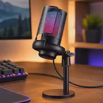 Microfone Gamer RGB USB Condensador de Mesa para PC e Notebook - Plug and Play, Botão Mute Touch, Controle de Ganho, Tipo C - Microfone Profissional para Streaming, Podcast, Lives e Jogos