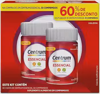 Centrum Essencial Multivitamínico Diário, com Complexo B, Vitamina D, e Magnesio, 2 Frascos com 30 Comprimidos cada