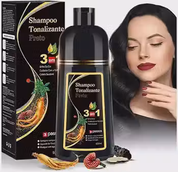 Shampoo Tonalizante Sem Amônia Preto 3 em 1 Elimina Fios Brancos