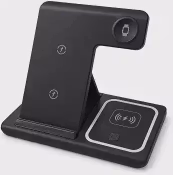 Carregador Sem Fio 3 em 1 Dobrável 15W para Celular Smartwatch e Fones TWS, Base Wireless Qi com Suporte Vertical e Entrada USB-C