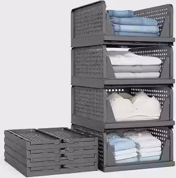 Kit com 4 Cesto Organizador de Roupas Empilhável, Cinza