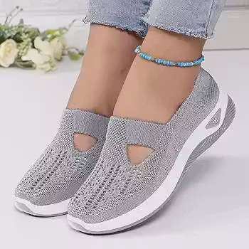 Tênis de caminhada ortopédico feminino, cabedal de malha respirável, sola leve, suporte de arco confortável, design de cano baixo, adequado para viagens e trabalho
