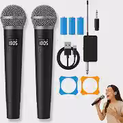Kit Microfone Sem Fio Profissional, 2 Unidades, LED Digital, Recarregável, com Adaptador UHF, para Karaokê, Eventos e Palestras